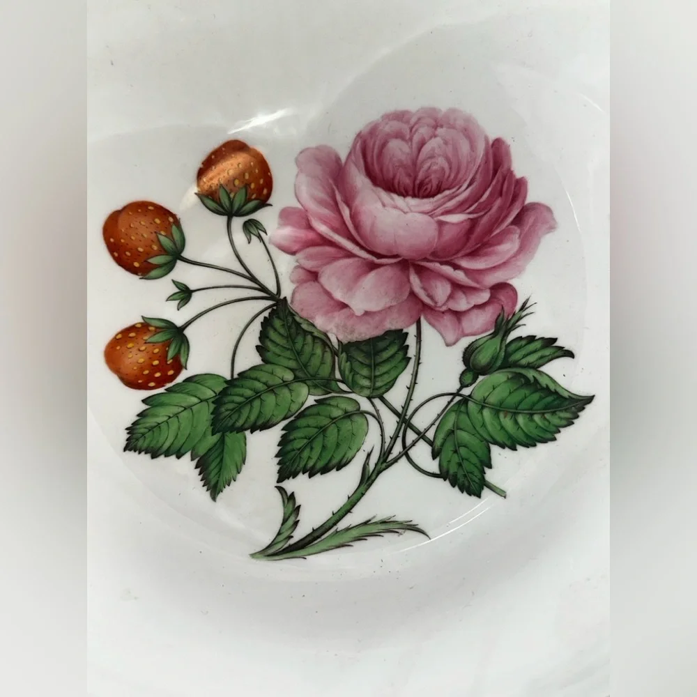 Vintage Spode Bone China England Large Green & White Bowl Pink Rose Strawberries